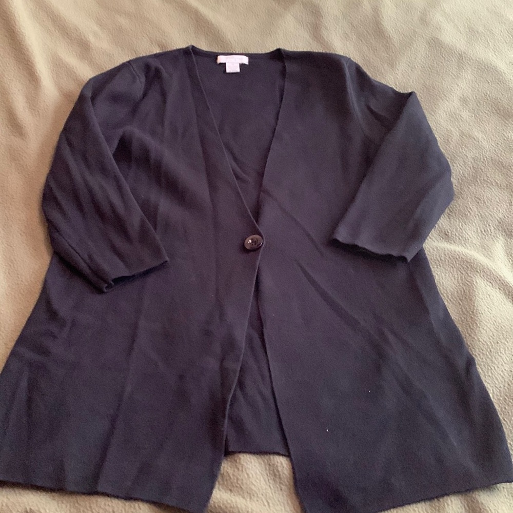 Mercer Street Studio black sweater. Size Medium. One button. 3/4 sleeves. - Picture 1 of 3
